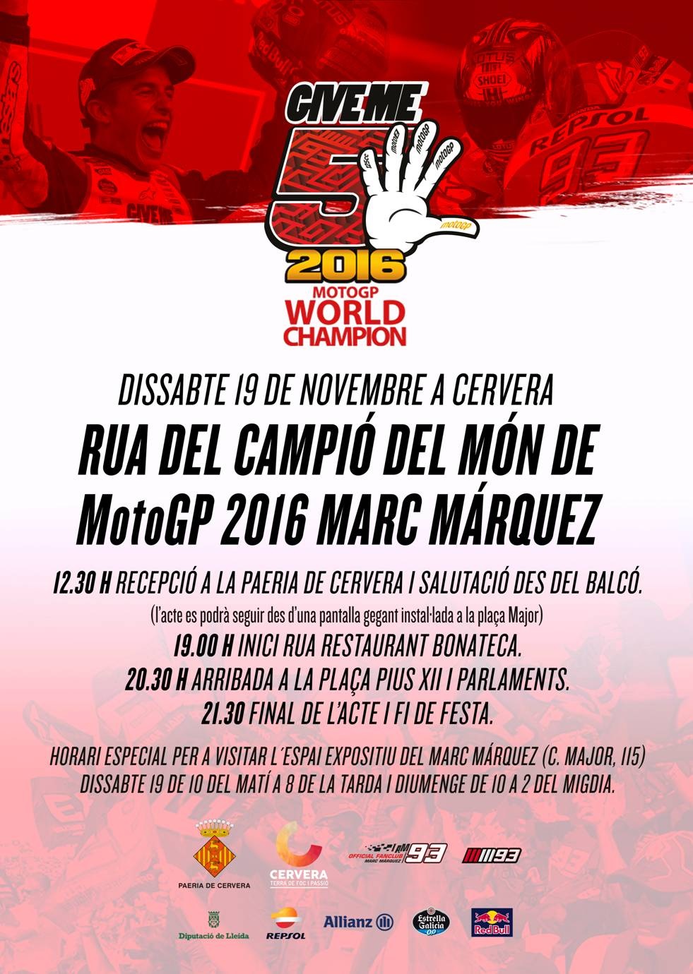 Cervera homenatjarà demà al seu campió Marc Márquez