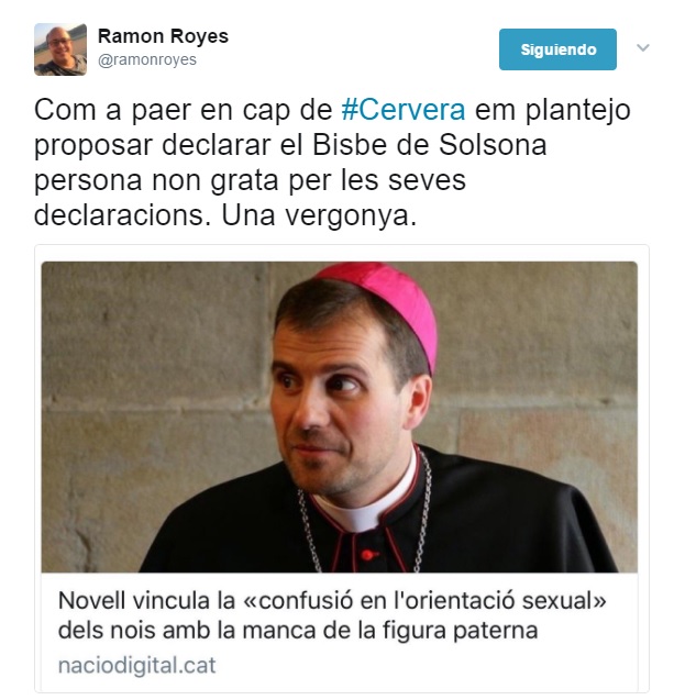 L’alcalde de Cervera es planteja declarar persona «non grata» el bisbe de Solsona