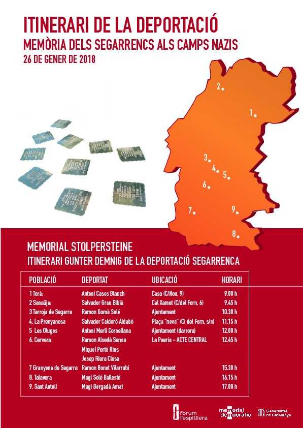 Memòria dels segarrencs deportats als camps nazis: itinerari d’instal·lació de llambordes Stolpersteine a 9 viles de la Segarra