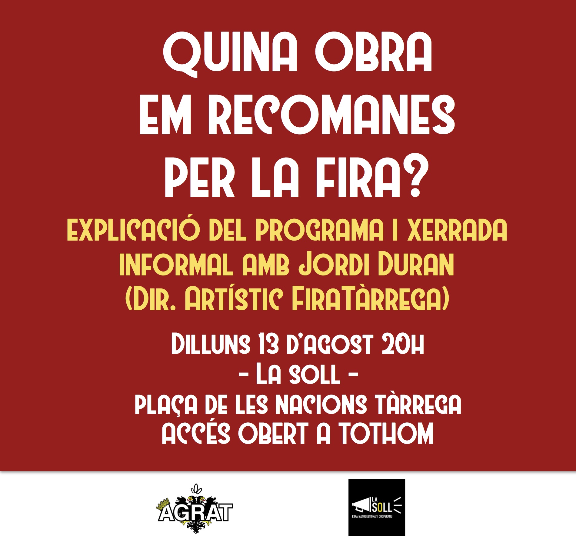 L’Agrat i La Soll organitzen una xerrada amb Jordi Duran per saber “Quina obra em recomanes per la Fira?”