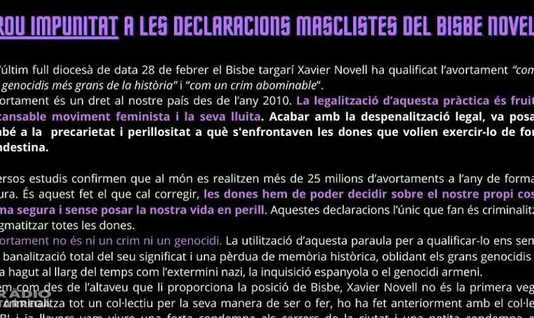 Manifest de rebuig de les declaracions del Bisbe de Solsona on qualifica l’avortamenmt com a genocidi.